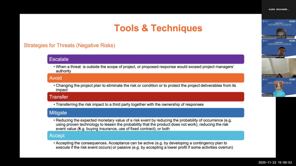 Pembelaharan seputar bagaimana menghandle resiko yang terjadi dalam suatu projek